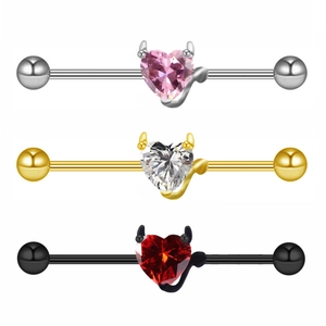 316L Stainless Steel Industrial Barbell Earring Heart Devil Wings Zirconia Inlaid Ear Cartilage Piercing Jewelry Punk Gothic