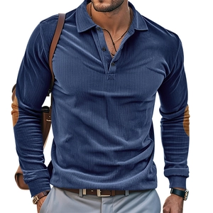 Detail of corduroy polo shirt with brown suede elbow patches and classic button placket