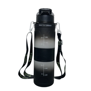 Detail showing 1000ml scale marks and carry strap on black gradient sports water bottle