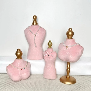 Pink Velvet Mannequin Bust Jewelry Display Stand Portrait Neck Necklace Holder Embossed Floral Desktop Organizer