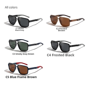 Macro display of square TR90 polarized sunglasses in five versatile color combinations