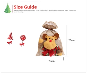Detailed size view of burlap Christmas drawstring bag with 3D reindeer plush decor