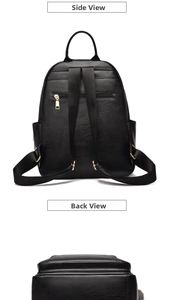 Detail view of the black PU leather backpack showing the back zip pocket and gold hardware