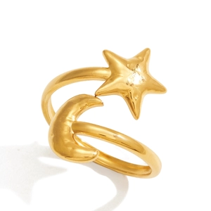 Detail of 18K gold-plated adjustable open ring with star and crescent moon motifs