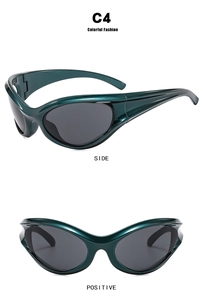 Close-up of dark green futuristic wrap-around sports sunglasses with grey lenses
