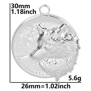 Detailed view of silver wolf head pendant with 30mm x 26mm size and 5.6g weight metrics