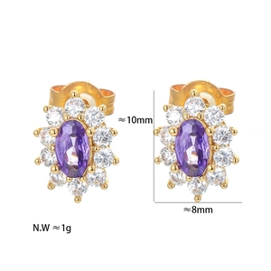 Detail showing dimensions of purple zircon flower stud earrings with gold plating