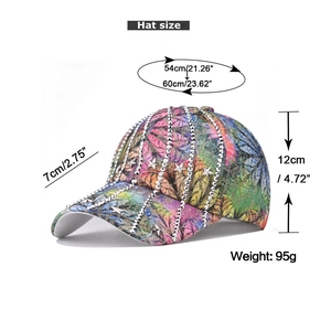 Detailed size specs for star baseball cap with rhinestones and fabric texture