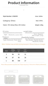 Guide des tailles pour la mini robe plissée blanche avec détails sur le tissu en lin