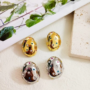 Vintage oval geometric stud earrings with colorful zircon stones in gold and silver plating