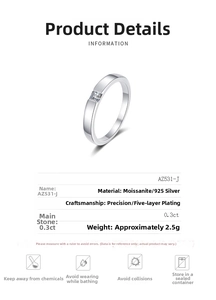 Detail view of 925 sterling silver ring with 0.3ct square moissanite and five-layer plating