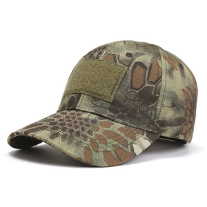 Detailed view of snake camouflage tactical baseball cap with front hook and loop patch area