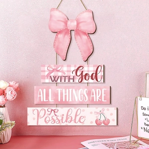 Inspirational Wooden Hanging Sign Pink Bow Cherry Decorative Wall Door Plaque With God All Things Are Possible Girls Bedroom