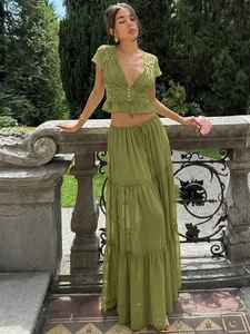 Femme Sexy Dentelle Col En V Haut À Volants À Manches Courtes Et Jupe Longue En Mousseline À Étages Tenue De Plage Boho Chic Élégant