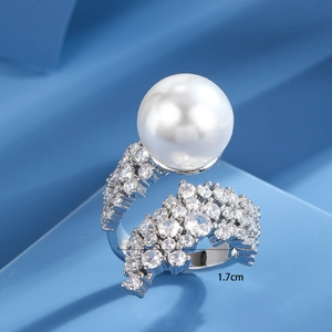 French style pearl ring with sparkling zircon inlays and adjustable open silver band