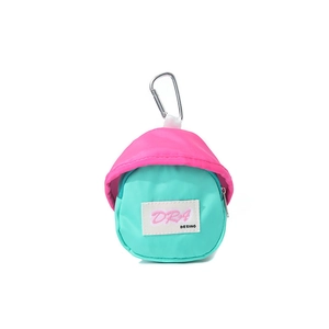 Detail of pink and turquoise mini nylon pouch with carabiner for small storage