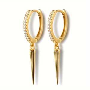 Gold-plated hoop earrings with zircon stones and sharp cone charms in punk style