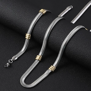 6.0mm stainless steel flat snake chain necklace with gold bead accents and lobster clasp