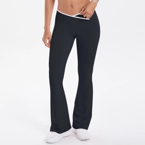 Detail of high waist yoga flare pants featuring a V-shaped crossover belt with white trim