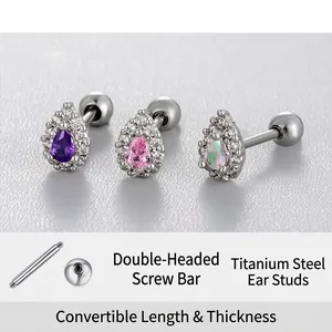 Water Drop Cartilage Stud Earrings Titanium Steel Cubic Zirconia Inlay Ball Screw Back Piercing Jewelry For Women