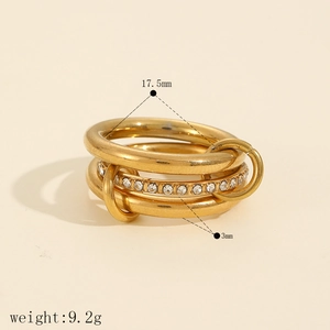 Detail of gold multilayer ring with zircon inlay showing 17.5mm diameter and 9.2g weight