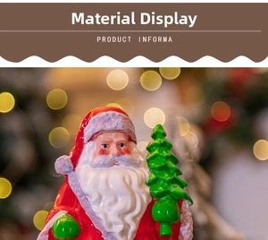 Detailed close-up shot of a glossy glazed Santa Claus figurine holding a green Christmas tree
