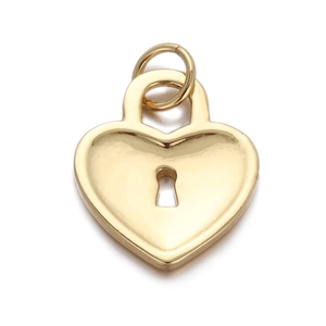 Detailed view of a gold heart-shaped lock pendant with a keyhole design on white background