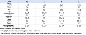 Tableau des tailles détaillé pour pantalon taille haute avec mesures et tissus