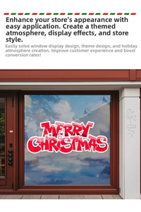 Close-up of Merry Christmas window decal with snowflake detail on glass pane