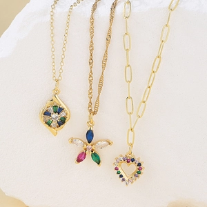 Copper 18K Gold Plated Pendant Necklace With Multi Color Zircon Heart Flower Geometric Light Luxury Jewelry For Women