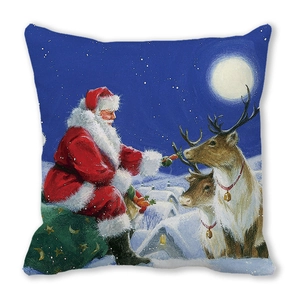 Detailed close-up of Santa Claus feeding a reindeer on a navy blue velvet pillow cover