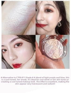 Detailed multi-color shimmer highlighter palette with cool purple and pink tones swatches