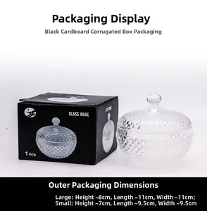 Detailed view of European glass storage jar with diamond relief patterns and black gift box