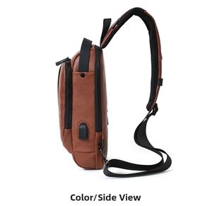 Detailed side view of brown leather chest bag showing USB charging port and zipper