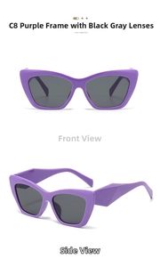 Detailed front and side views of purple cat-eye sunglasses with geometric temples