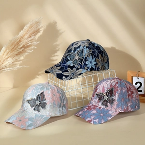 Women Lace Floral Baseball Cap Rhinestone Butterfly Mesh Breathable Fashion Summer Sun Hat Outdoor Adjustable Cotton