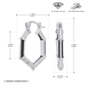 Detailed technical view of S925 sterling silver hexagonal earrings with zircon and dimensions