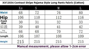 Tableau des tailles pour pantalon rayé avec mesures de taille, hanches et longueur en cm