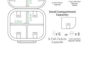 Detailed size chart showing pill box compartments with specific storage capacity dimensions