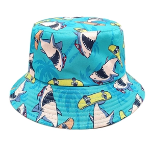 Unisex Reversible Bucket Hat Polyester Cartoon Shark Skateboard Print Sun Protection Breathable Outdoor Retro Fashion