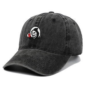 Vintage washed charcoal baseball cap with grim reaper embroidery and skull graphic