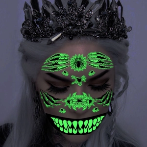 Luminous Halloween mouth tattoo stickers with glowing green spider and scar facial designs