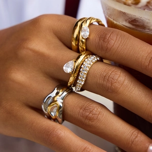 Stainless Steel Rings For Women Gold Plated Irregular Wave Band Cubic Zirconia Pear Cut Waterproof Hypoallergenic Fashion