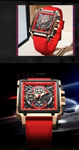 Macro detail of the square hollow dial and chronograph function on racing sport watch