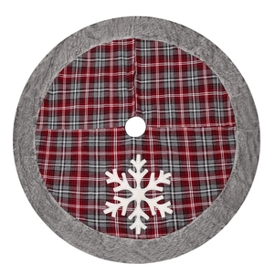 Classic 120cm red and grey plaid Christmas tree skirt with plush trim and white snowflakes