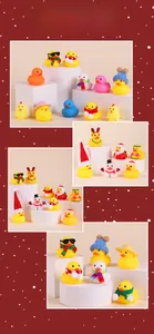 Close-up of assorted mini rubber ducks with Christmas hats and winter festive accessories