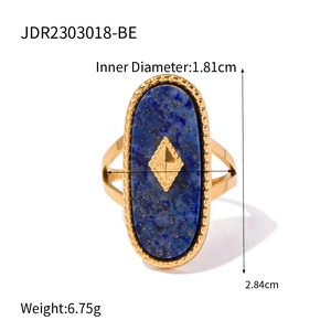 French retro gold titanium steel ring with oval lapis lazuli and metal diamond inlay
