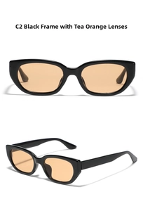 Detail view of narrow rectangular sunglasses with black frames and tea orange tinted lenses