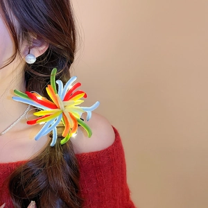 Close-up of a colorful star-shaped plush hair clip styled on a model's braided hair