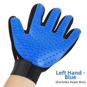Left-hand blue pet grooming glove with soft silicone bristles for cat massage and hair removal